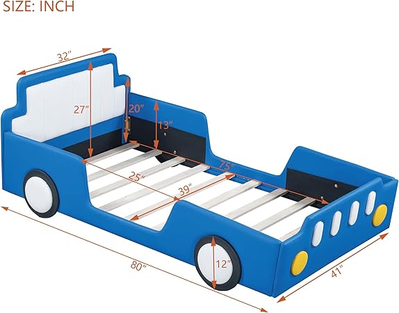 Twin Size Race Car Platform Bed with Wheels and Guardrails for Kids 2 Twin Size Race Car Platform Bed with Wheels and Guardrails for Kids - Image 2