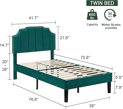 VECELO Twin Size Upholstered Bed Frame with Tufted Adjustable Headboard 2 VECELO Twin Size Upholstered Bed Frame with Tufted Adjustable Headboard - Image 2