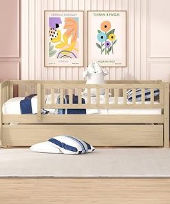 Twin Size Bed Frame with Trundle and Guardrails for Kids and Teens