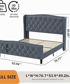 Modern Full Platform Bed Frame with Wingback Headboard in Gray 2