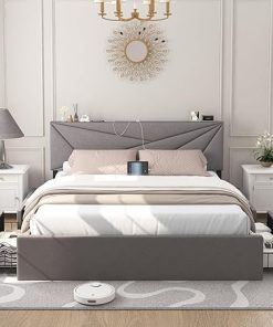 Queen Size Bed Frame with 4 Storage Drawers and Charging Station Grey