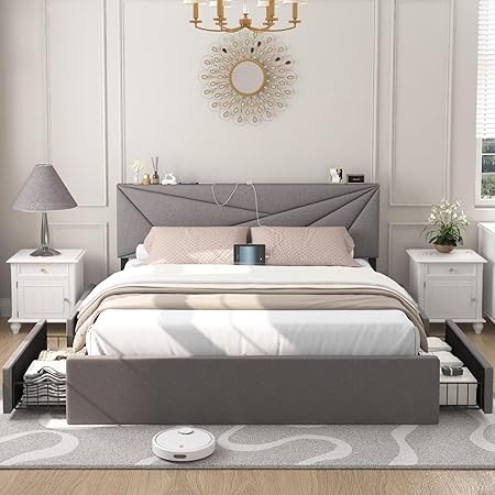 Queen Size Bed Frame with 4 Storage Drawers and Charging Station Grey Queen Size Bed Frame with 4 Storage Drawers and Charging Station Grey