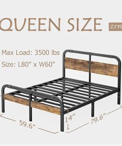 ZIYOO Industrial Metal Queen Bed Frame with Rustic Wood Headboard 2