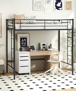 Heavy-Duty Twin Metal Loft Bed Frame with Ladders and Guardrails