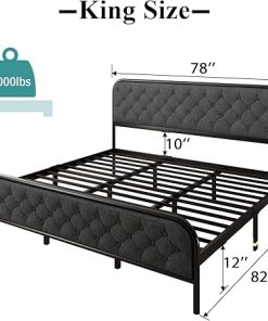 King Size Upholstered Bed Frame with Diamond Headboard in Dark Grey 2