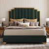 King Size Velvet Upholstered Bed Frame with Tall Gold Trim Headboard