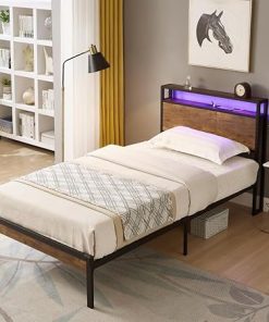Modern Twin Size Platform Bed Frame with USB LED Lights and Storage