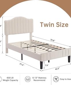 VECELO Twin Bed Frame Upholstered Platform Bed Frame with Height Adjustable Teddy Fabric Headboard, Strong Wood Slats Supports 7.9” Under Bed Space Noise Free No Box Spring Needed, Cream 2