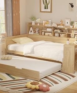Merax Twin Size Corner Bed Frames with Desk and Trundle & Storage Shelves Headboard, Pinewood U-Shaped Captain Daybed for Small Room, Bedroom, Guest Room, Kids’ Room, Natural