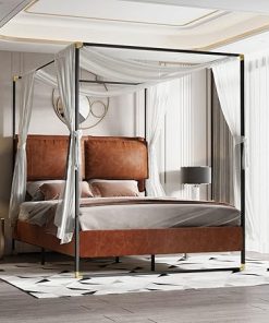 Queen Canopy Bed Frame with Upholstered Headboard Easy to Assemble