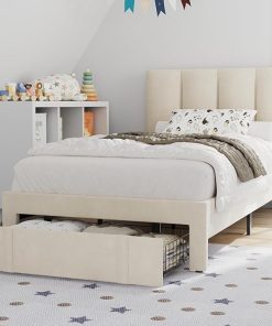 VECELO Twin Bed Frame with Storage Drawer and Strong Wooden Support