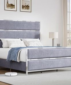 Velvet King Bed Frame with 59″ Tall Headboard and Footboard Light Grey Velvet King Bed Frame with 59″ Tall Headboard and Footboard Light Grey