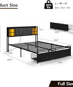 Full Bed Frame with Storage Headboard and LED Lights, Black 2