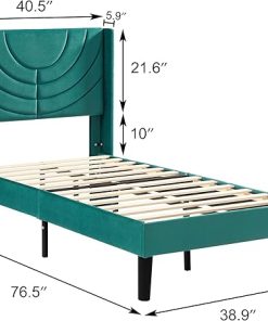 VECELO Twin Size Upholstered Bed Frame with Fabric Headboard Dark Green 2