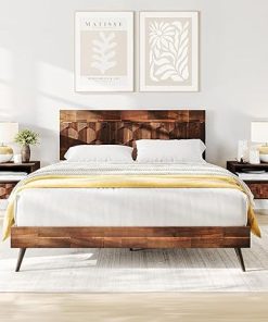 Queen Bed Frame with Headboard Handcrafted Mid Century Acacia Wood