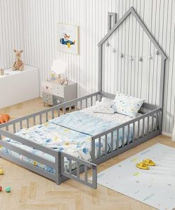 Montessori House-Shaped Twin Floor Bed Frame for Kids in Grey