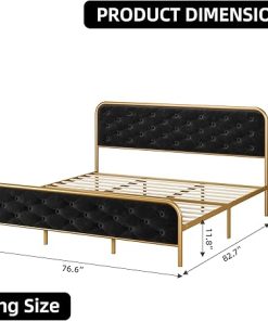 Senfot King Bed Frame Velvet Headboard Heavy Duty Metal Support Gold Black 2