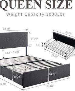 Queen Size Bed Frame with 4 Storage Drawers and Charging Station Grey 2