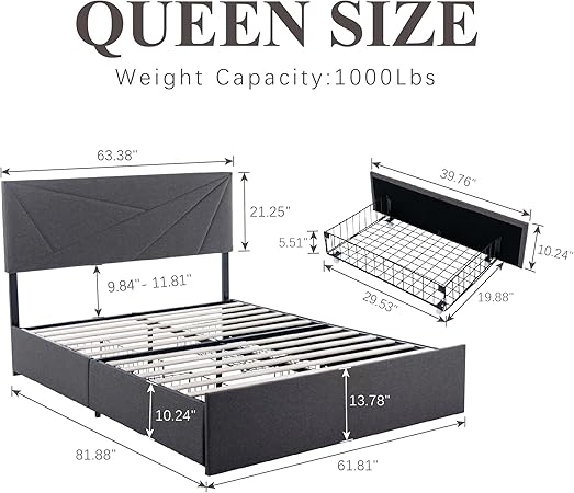 Queen Size Bed Frame with 4 Storage Drawers and Charging Station Grey 2 Queen Size Bed Frame with 4 Storage Drawers and Charging Station Grey - Image 2
