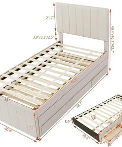 Twin Linen Upholstered Platform Bed with Trundle and Drawers Beige 2