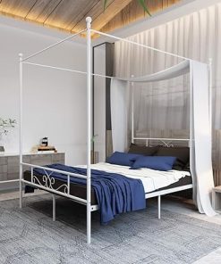 Metal Framed Canopy Four Poster Bed Frame with Headboard in White Full 2
