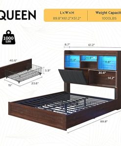 Queen Farmhouse Bed Frame with Bookcase Headboard and LED Storage 2