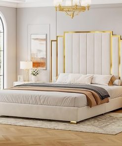 King Size Velvet Bed Frame with Tall Headboard and Golden Trim