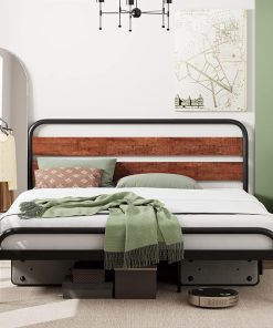 King Size Platform Bed Frame with Wood Headboard and Metal Support