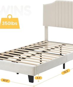 Beige Twin Platform Bed Frame with Upholstered Velvet Headboard 2