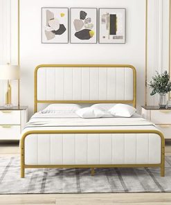 Giantex Full Size Gold Bed Frame with Velvet Headboard and Storage