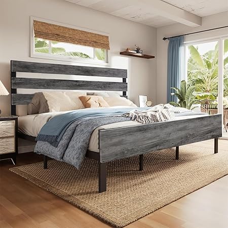 King Size Metal Platform Bed with Wooden Headboard Easy Assembly Black King Size Metal Platform Bed with Wooden Headboard Easy Assembly Black