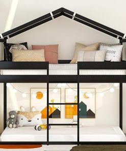 Wooden Twin Over Full Bunk Bed with Playhouse and Guardrails 2