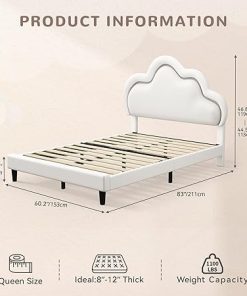 Queen Size Bed Frame with PU Leather Headboard Easy Assembly White 2