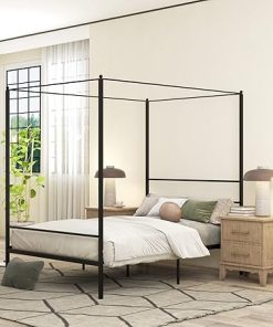 Full Size Metal Canopy Bed Frame with Underbed Storage and Headboard