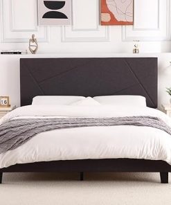 Dark Grey Full Size Bed Frame with Upholstered Geometric Headboard