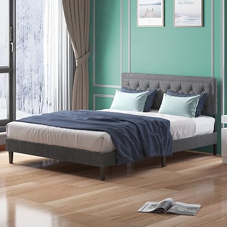 Queen Size Bed Frame with Adjustable Headboard in Dark Grey Linen Queen Size Bed Frame with Adjustable Headboard in Dark Grey Linen