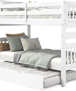 Twin Over Twin Mission Style Bunk Beds with Trundle in White 2