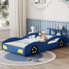 Twin Size Race Car Platform Bed Frame with Wheels for Teens Blue Yellow