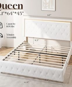 Queen Size Upholstered Bed Frame with LED Lights and Adjustable Headboard 2