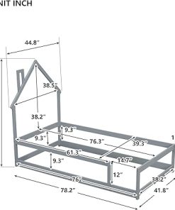 Montessori Twin Size Wood Bed Frame with House-Shaped Headboard Grey 2