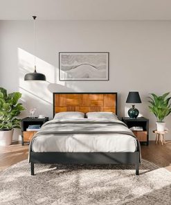 Mid Century Queen Bed Frame with Headboard and Fluted Design