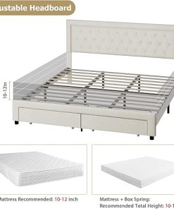 King Bed Frame with Storage Drawers and Adjustable Headboard Beige 2