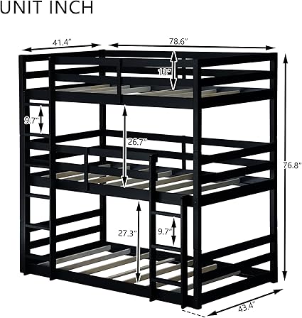 Triple Bunk Bed Twin Over Twin Wood Frame for Small Space Dorm Black 2 Triple Bunk Bed Twin Over Twin Wood Frame for Small Space Dorm Black - Image 2