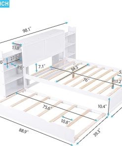 Full Platform Bed with Twin Trundle and Storage Headboard in White 2