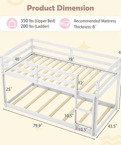 Twin Over Twin Low Wood Bunk Bed Frame with Safety Guardrails White 2