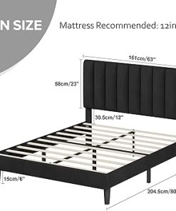 Upholstered Queen Bed Frame with Headboard Black Velvet Wood Slats 2