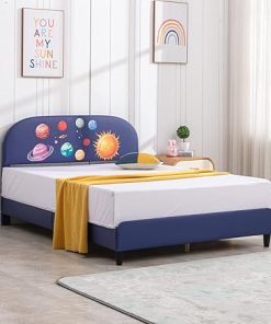 Full Size Kids Bed Frame with Faux Leather Curved Headboard in Blue