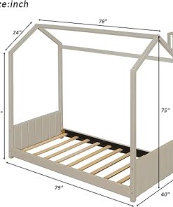 Montessori Twin Size Velvet Floor Bed Frame for Kids with Headboard 2