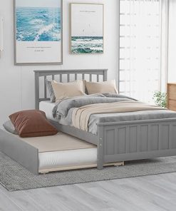Gray Twin Bed with Trundle Platform Frame for Kids No Box Spring Needed