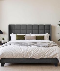 Queen Size Wingback Bed Frame with Stitched Headboard Dark Grey 2